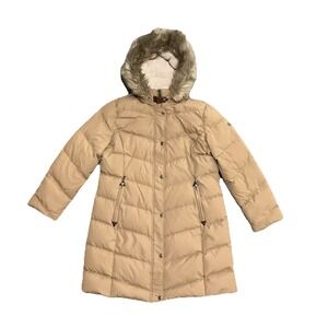 Ralph Lauren‎ Tan Down Puffer Parka Faux Fur Hood Long Coat Women Size XL Winter